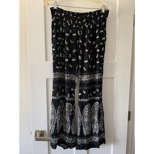 Patrons Of PEACE Flare Beach Pants Black White Crinkle Rayon Lace Crochet Med